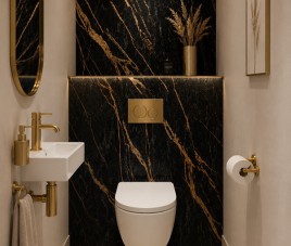 Oppio €67 PER PANEEL - PVC Wandpaneel Ceasar Black / Zwart Goud Hoogglans - 120x280x0,3 cm