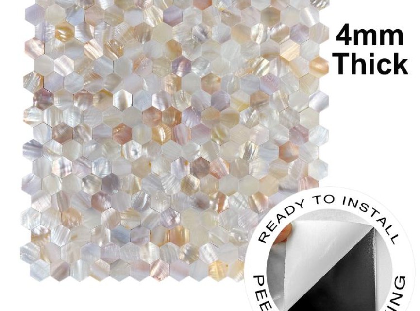 Oppio SHELL Tiles - Mother of PEARL HEXAGON wit - Zelfklevend Mozaiek 305x305x3.3mm