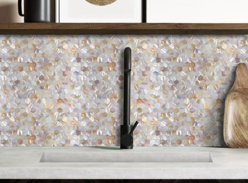 Oppio SHELL Tiles - Mother of PEARL HEXAGON wit - Zelfklevend Mozaiek 305x305x3.3mm