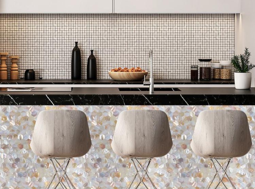 Oppio SHELL Tiles - Mother of PEARL HEXAGON wit - Zelfklevend Mozaiek 305x305x3.3mm