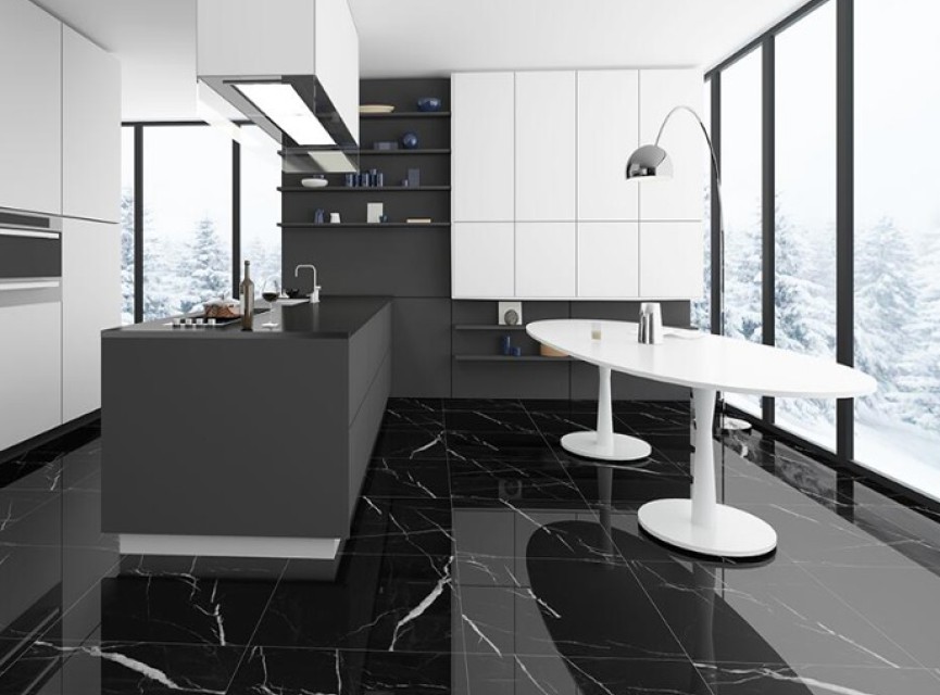 BLACK MARMOUR Hoogglans ZWART MARMER 60x60 Vloertegel / Gepolijst En Gerectificeerd / Woonkamer
