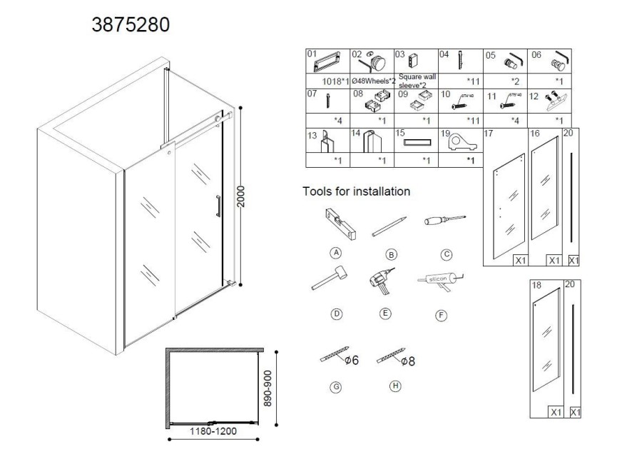 Erico schuifdeur en wand 90x117-118,5x200cm NANO glas 8mm