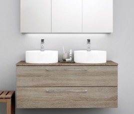 GENIOUS / GREY OAK Badmeubel Met Waskom 120 Cm ( Onderkast + Topblad + 2x Waskom )