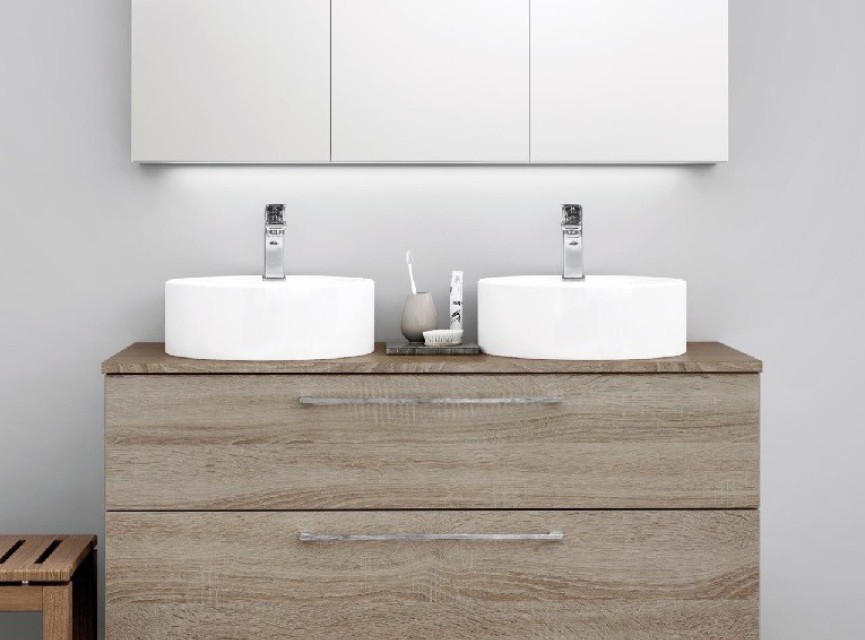 GENIOUS / GREY OAK Badmeubel Met Waskom 120 Cm ( Onderkast + Topblad + 2x Waskom )
