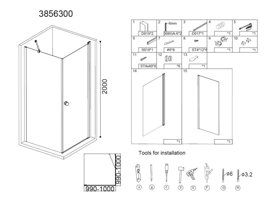 Erico vierkante cabine met 1 swing deur 100x100x200cm NANO glas 6mm