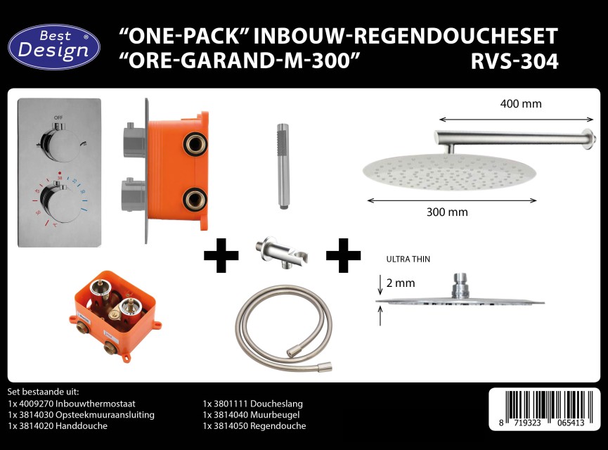 One-Pack inbouw-regendoucheset Muuruitloop 300mm Rond RVS