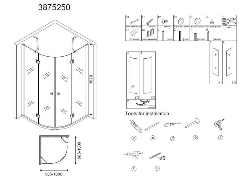 Erico 1/4 rond cabine met 2 deuren 100x100x192cm NANO glas 8mm