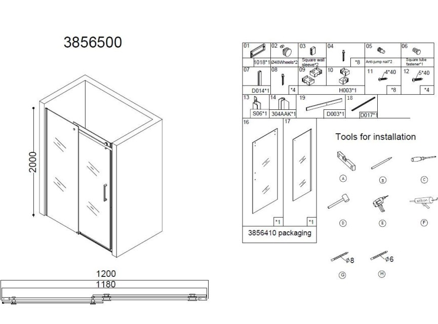 Nisdeur schuif verstelbaar 118-120cm H=200cm NANO glas 8mm