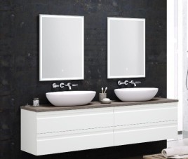 TERRA 2 METER / Hoogglans wit met eiken Topblad Badmeubel Met Waskom 200 Cm ( Onderkast + Topblad + Waskom )