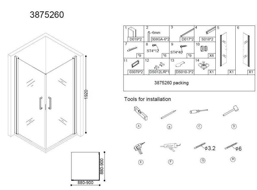 Erico vierkante cabine met 2 deuren 90x90x192cm NANO glas 6mm