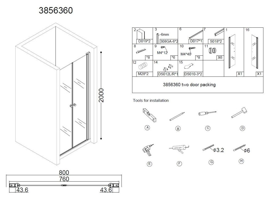 Pendeldeur met profiel 76-79cm H=200cm NANO glas 6mm