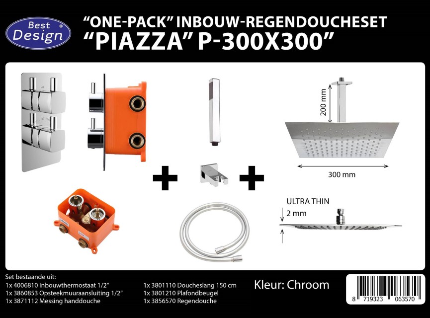 One pack inbouw-regendoucheset Plafonduitloop 300mm Vierkant
