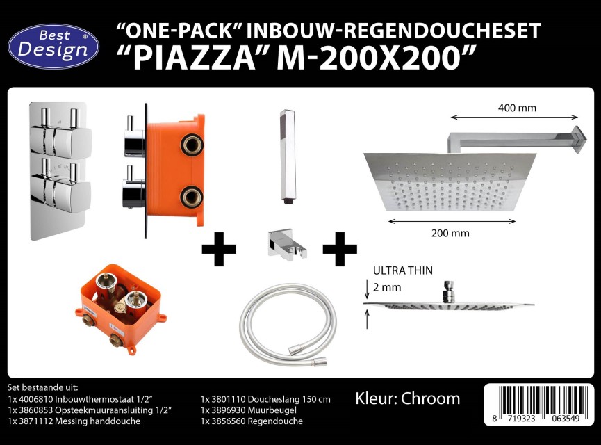 One pack inbouw-regendoucheset Muuruitloop 200mm Vierkant