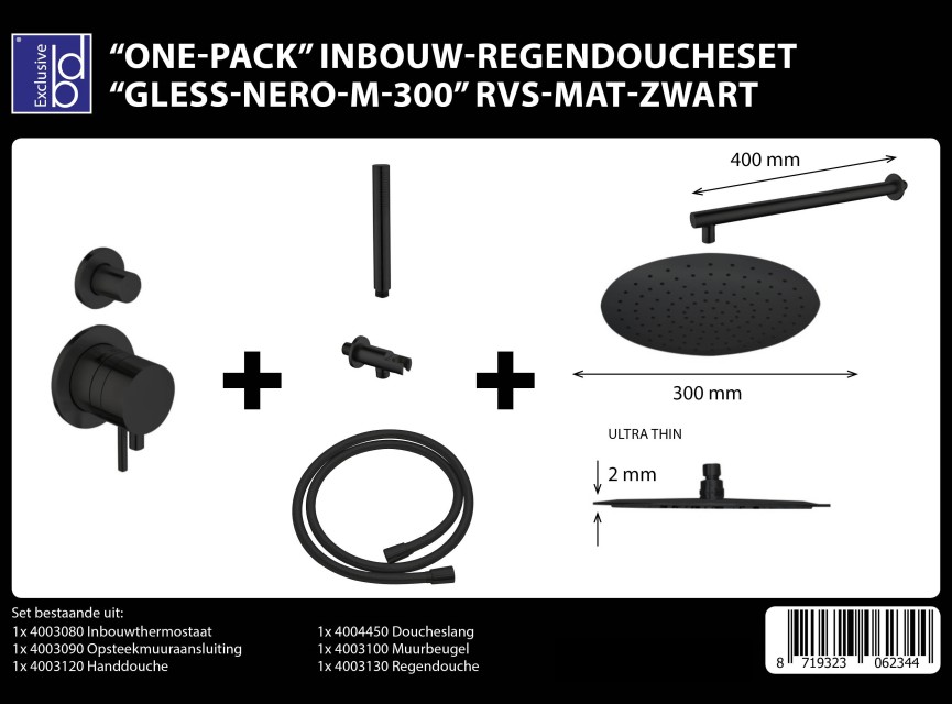 One-Pack inbouw-regendoucheset Pull and Push Muuruitloop 300mm RVS Mat Zwart