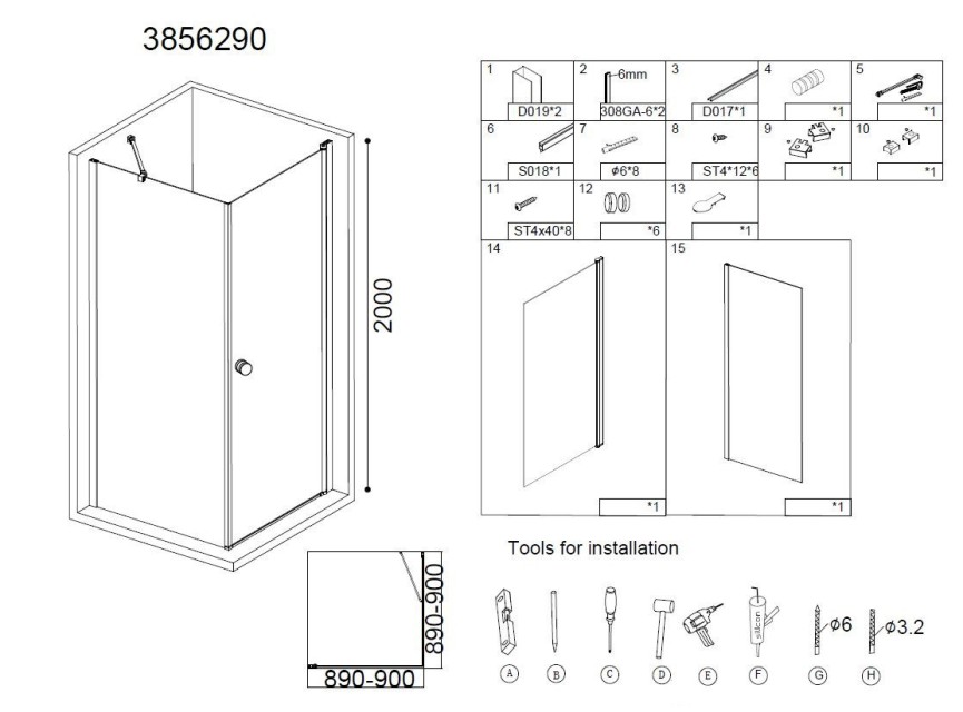 Erico vierkante cabine met 1 swing deur 90x90x200cm NANO glas 6mm
