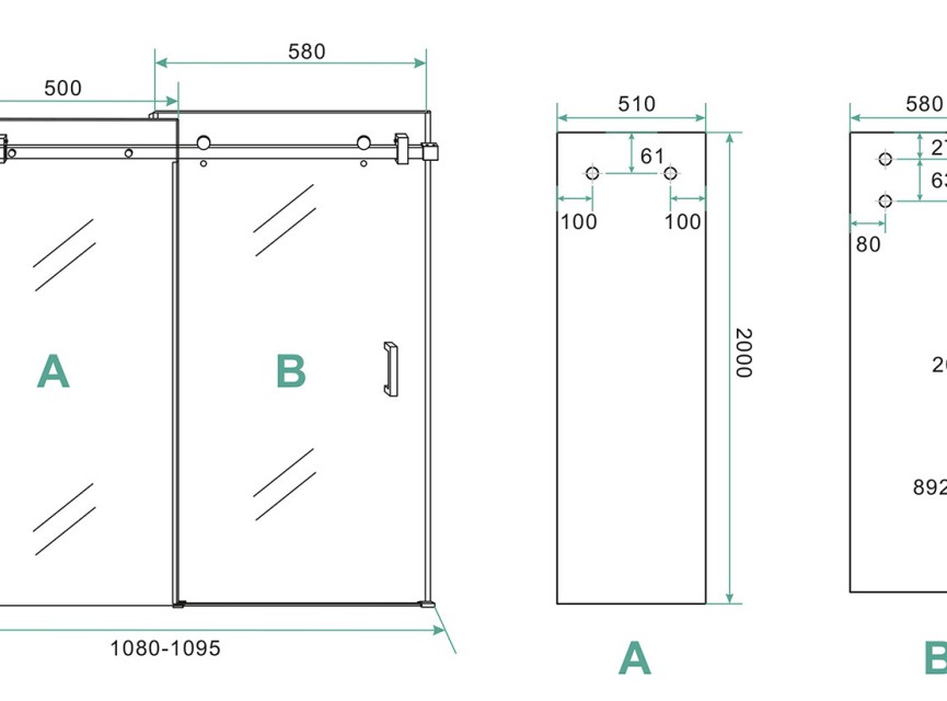 schuifbare nisdeur 2-d. mat-zwart 1100x2000 chr.8mm NANO