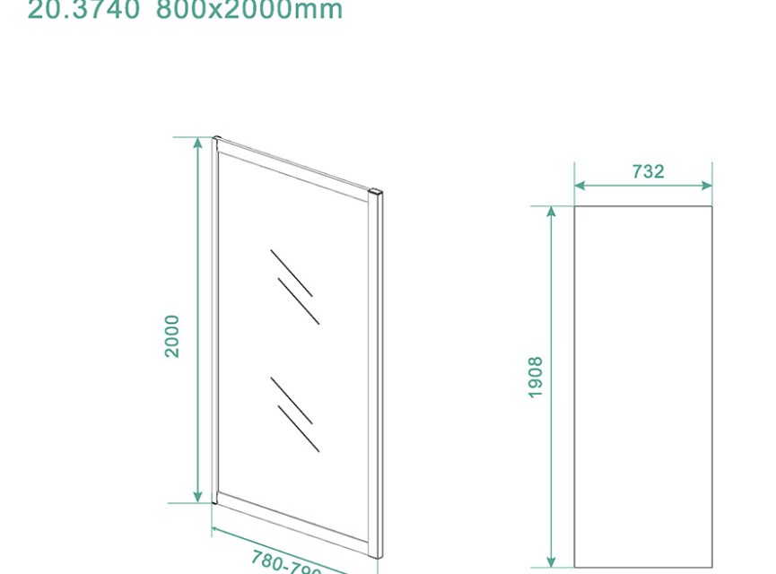 Skyline zijwand 800x2000 mat-zwart 8mm NANO voor skyline schuifbare nisdeur