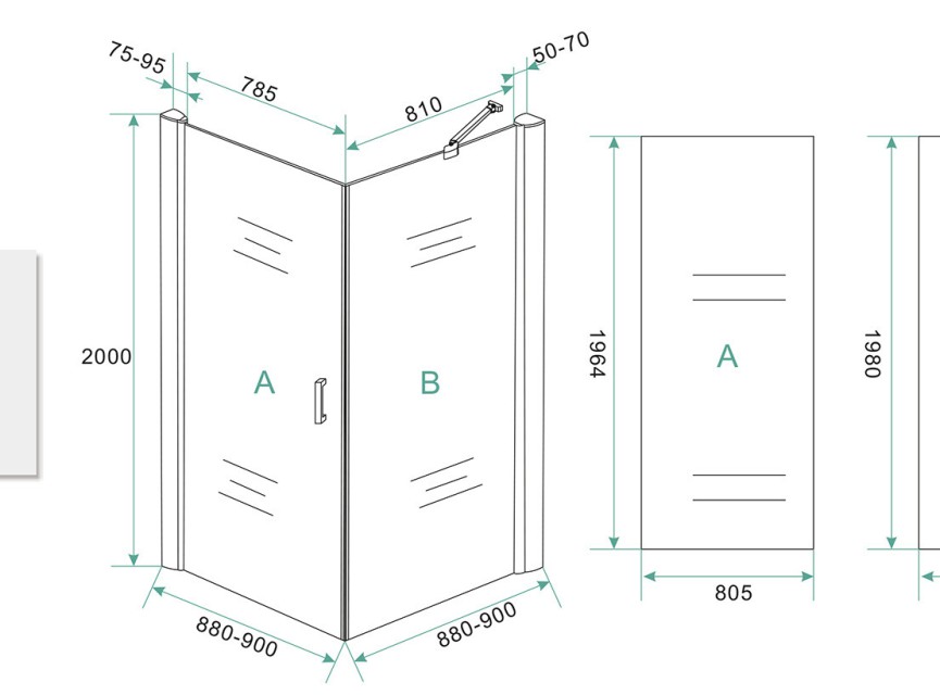 swingdeur + zijwand UNI 900x900x2000 mat-zwart .8mm NANO