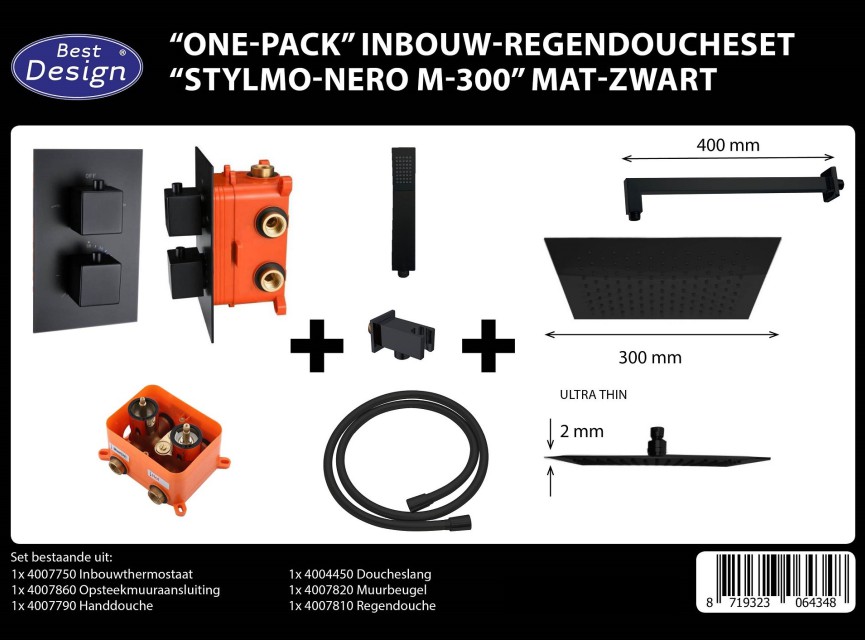 One-Pack inbouw-regendoucheset Muuruitloop 300mm Vierkant Mat Zwart