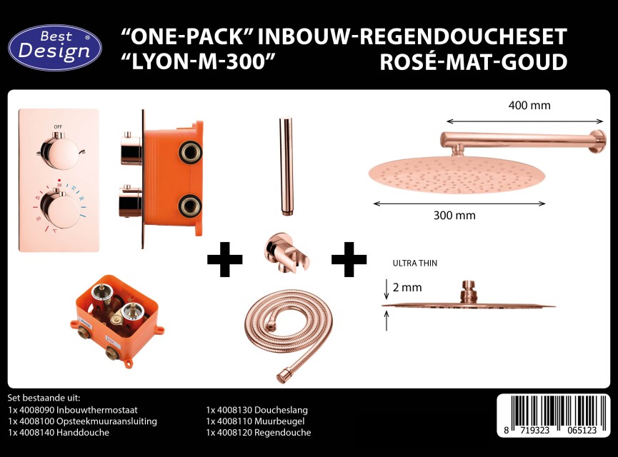 One-Pack inbouw-regendoucheset Muuruitloop 300mm Rond Rose-Mat-Goud