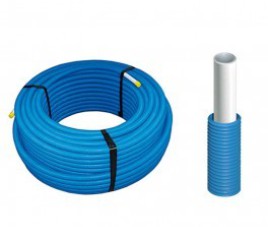 Meerlagenbuis 16x2 mm met blauwe mantelbuis voor koud water en retour c.v. rol 100 mtr