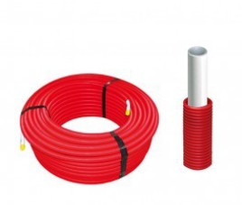Meerlagenbuis 20x2 mm met rode pvc mantelbuis voor warm water en aanvoer c.v. rol 100 mtr