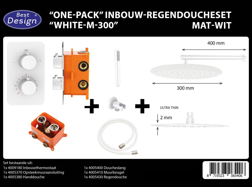 One-Pack inbouw-regendoucheset Muuruitloop 300mm Rond Mat-Wit