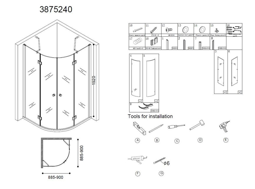 Erico 1/4 rond cabine met 2 deuren 90x90x192cm NANO glas 8mm