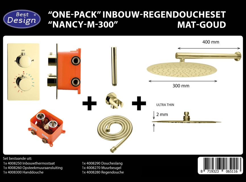 One-Pack inbouw-regendoucheset Muuruitloop 300mm Rond Mat-Goud