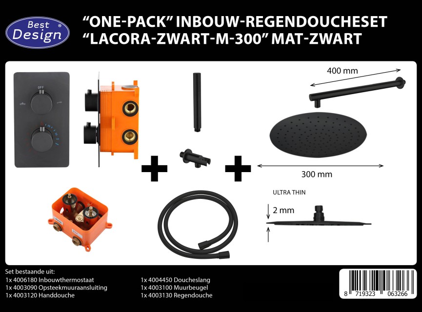 One-Pack inbouw-regendoucheset Muuruitloop 300mm Rond Mat Zwart
