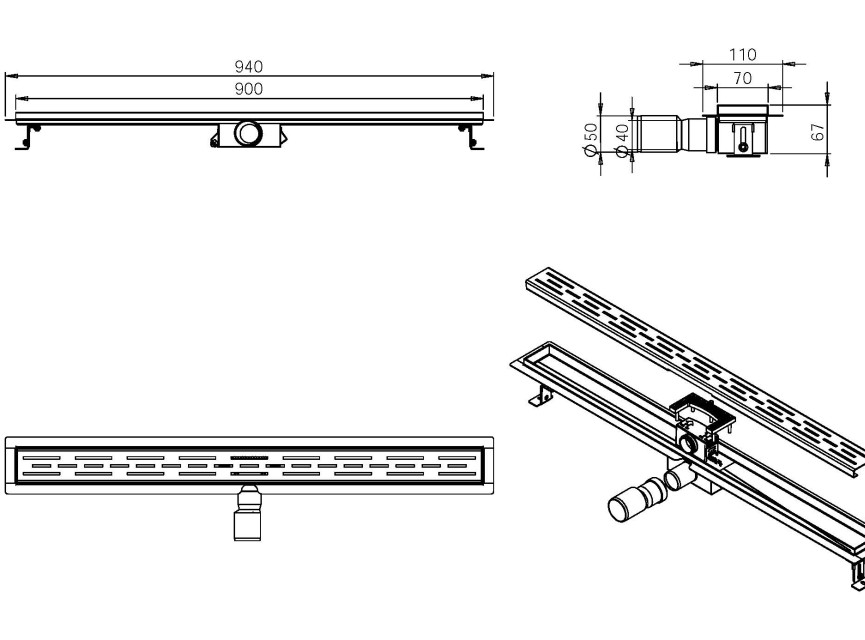 Geborsteld messing douchegoot 40mm aansl. +flens  90x7
