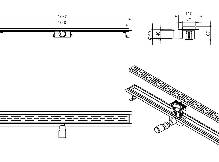 Geborsteld messing douchegoot 40mm aansl. +flens  100x7