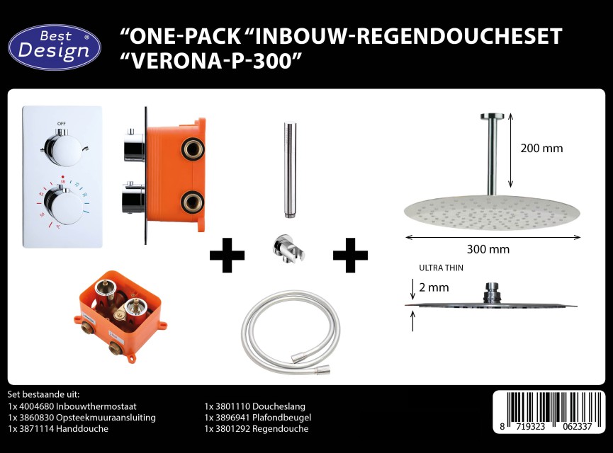 One-Pack inbouw-regendoucheset Plafonduitloop 300mm Rond