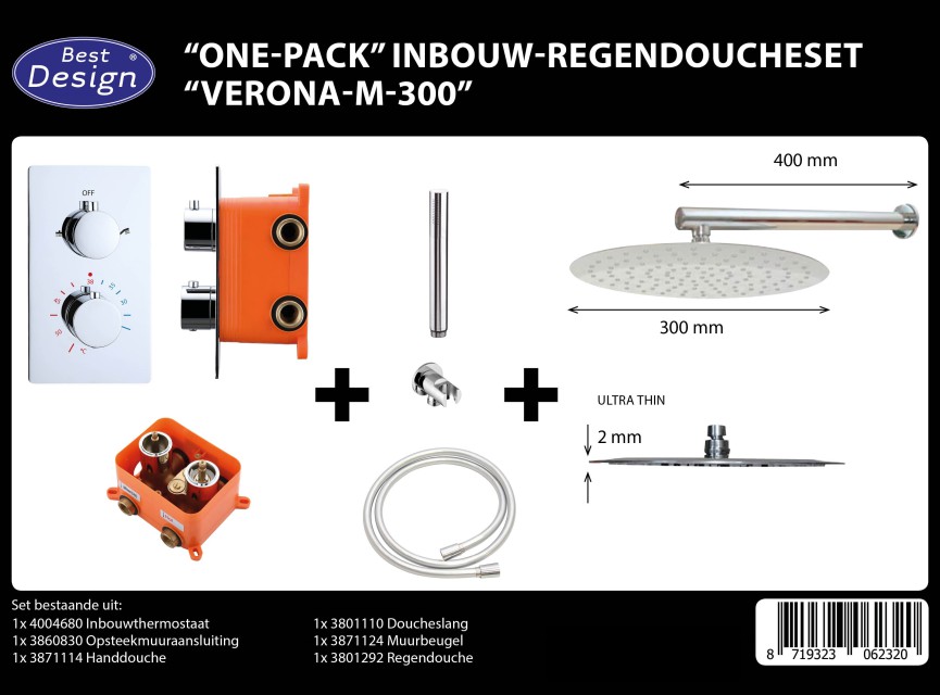One-Pack Inbouw-Regendoucheset Muuruitloop 300mm Rond