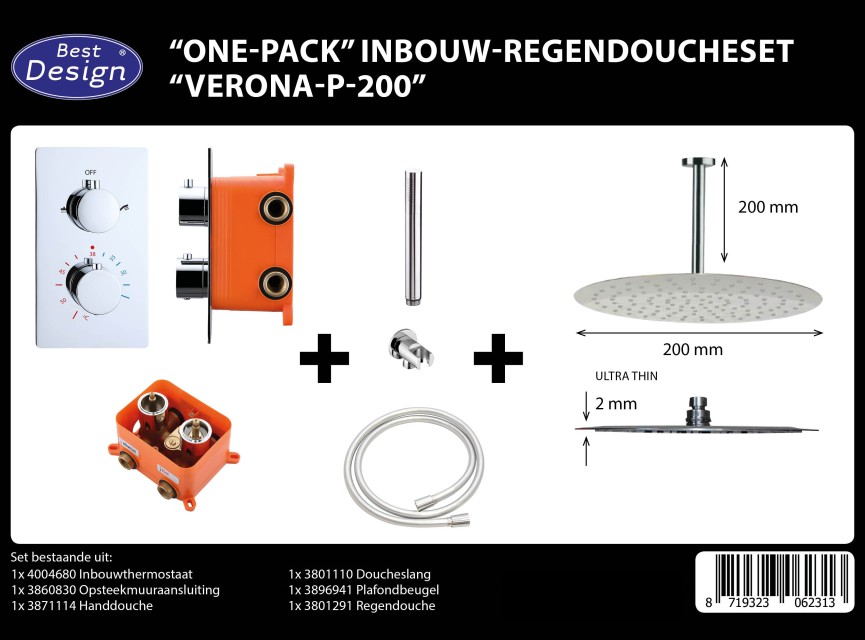 One-Pack inbouw-regendoucheset Plafonduitloop 200mm Rond