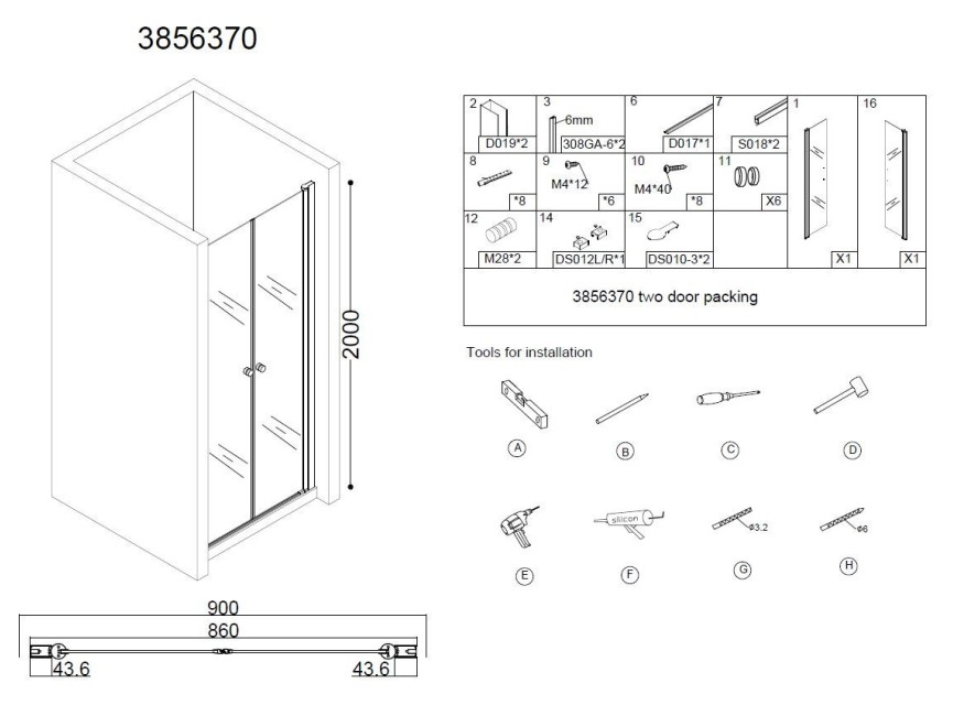Pendeldeur met profiel 86-89cm H=200cm NANO glas 6mm