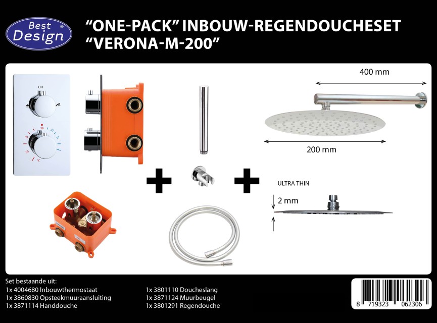 One-Pack inbouw-regendoucheset Muuruitloop 200mm Rond