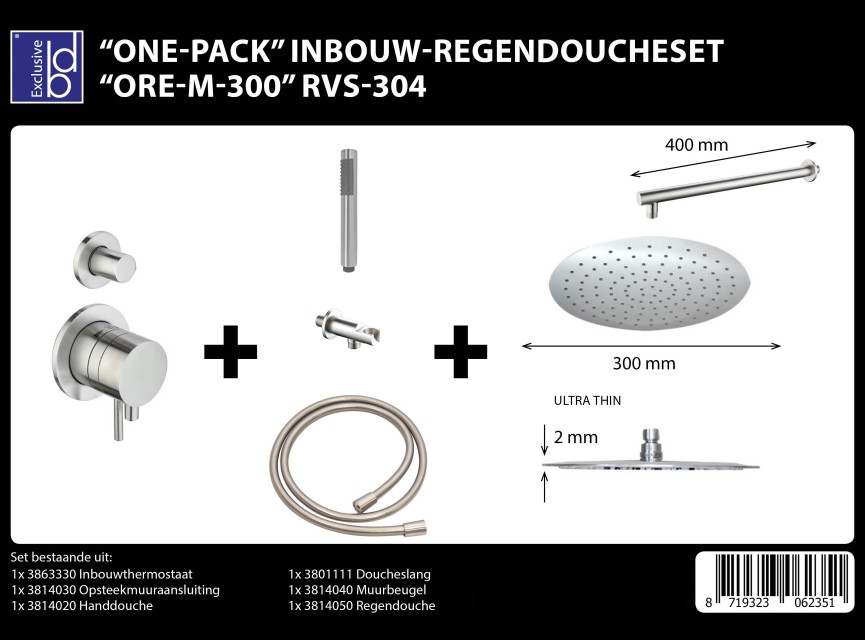 One-Pack inbouw-regendoucheset Pull and Push Muuruitloop 300mm Rond RVS