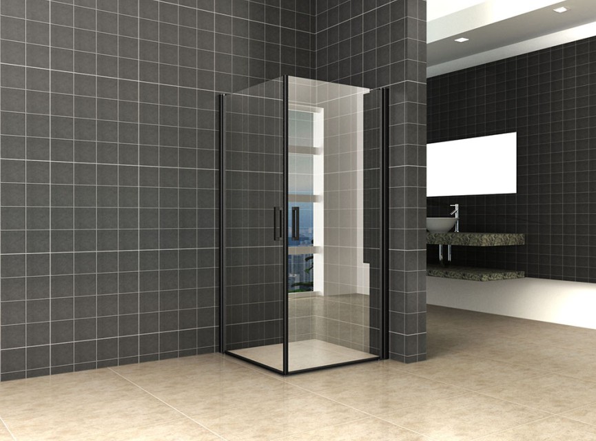 Uni douchecabine met 2 draaideuren 90x90 cm mat zwart met helder glas 8mm NANO