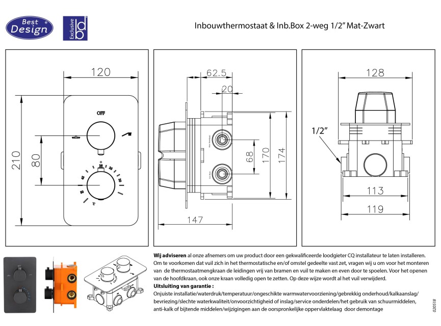 inbouwthermostaat en inb.box 2-weg 1/2 Nero ronde knoppen