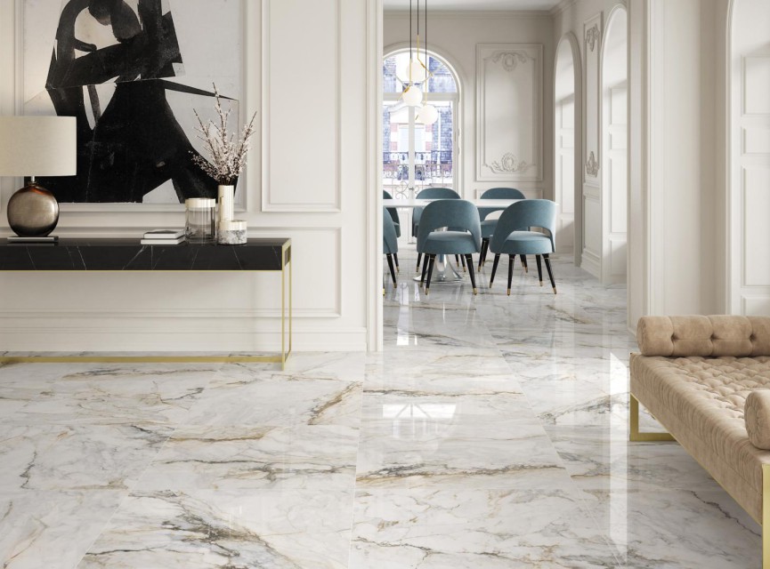 Hoogglans CEASAR Gold White ( LEVIGLASS ) 60x60 Vloertegel en Wandtegel Woonkamer / Winkelruimte / Badkamer / Keuken