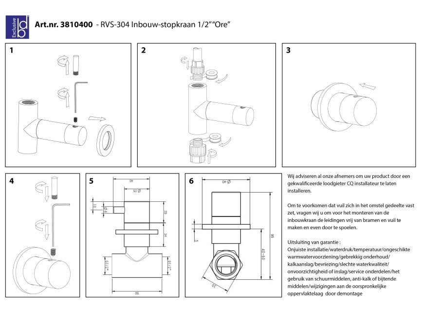 RVS-304 Ore inbouw-stopkraan 1/2