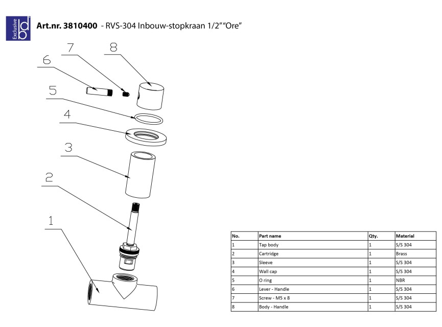 RVS-304 Ore inbouw-stopkraan 1/2