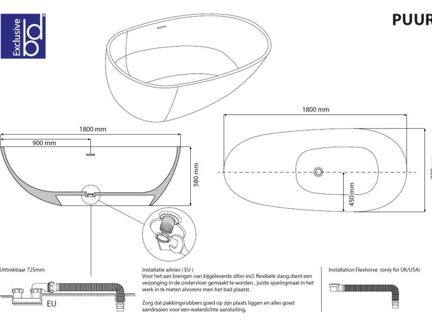 Puur vrijstaand bad Just-Solid 180x90x58cm