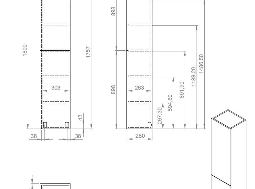 Blanco-Wit hoge kolomkast L en R 35x180 cm glans-wit