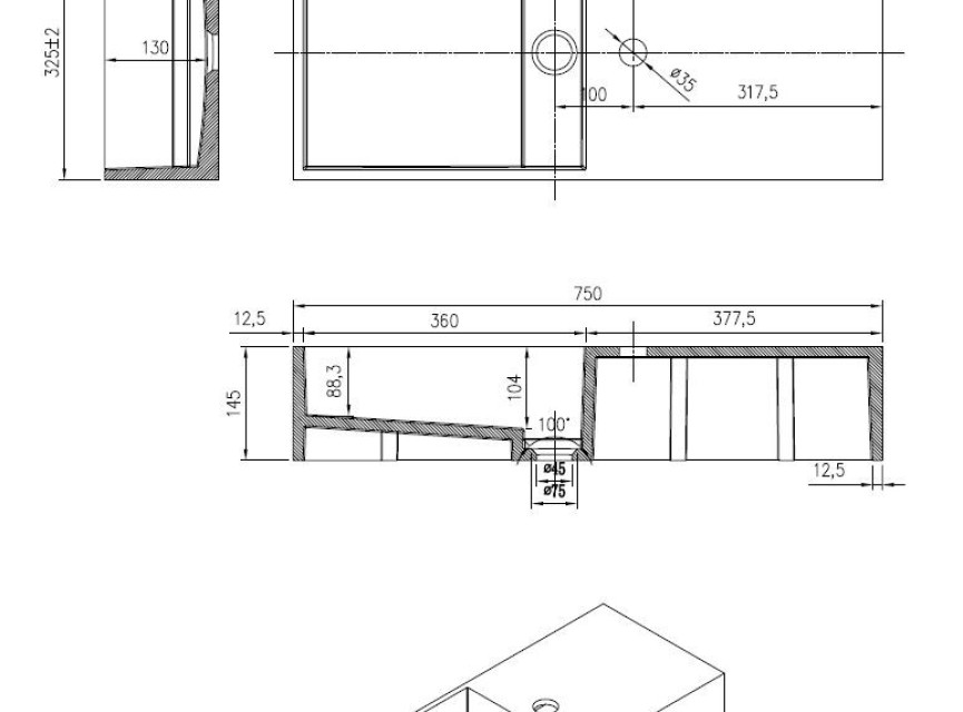 N75 wastafel Just-Solid 75x33x15cm