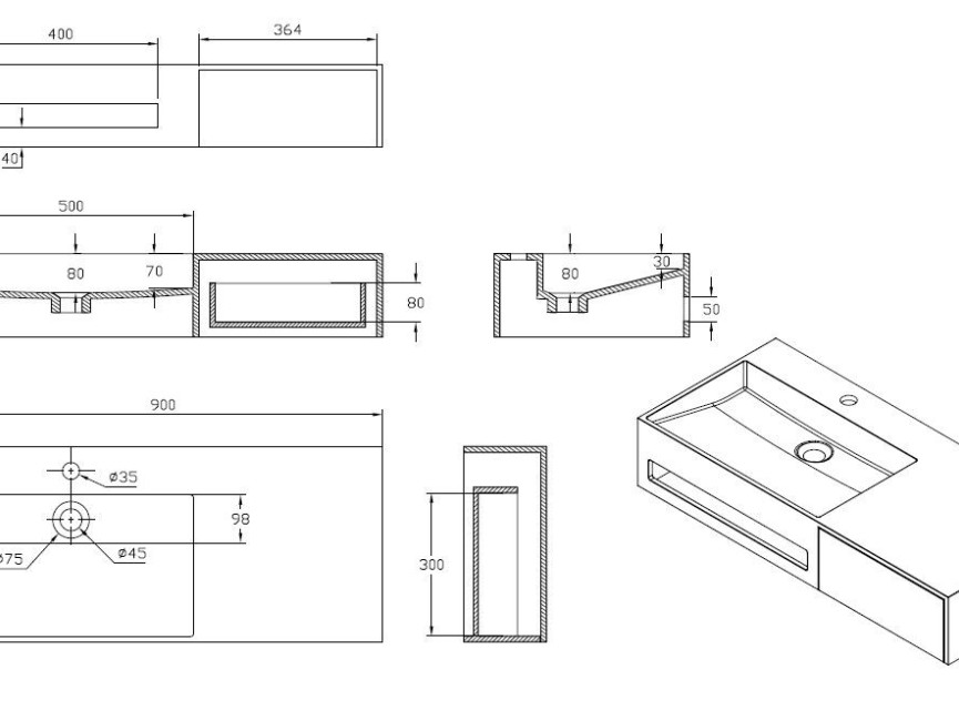 Spring wastafel + lade Just-Solid 90x40x17cm