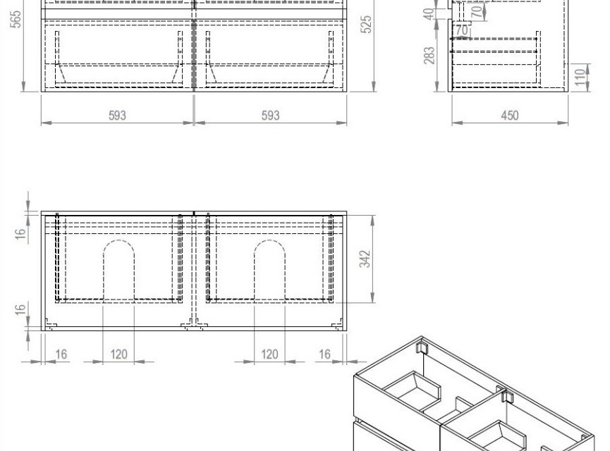 Bora-Wit-Greeploos meubel onderkast 4 laden zonder wastafel 120 cm glans-wit