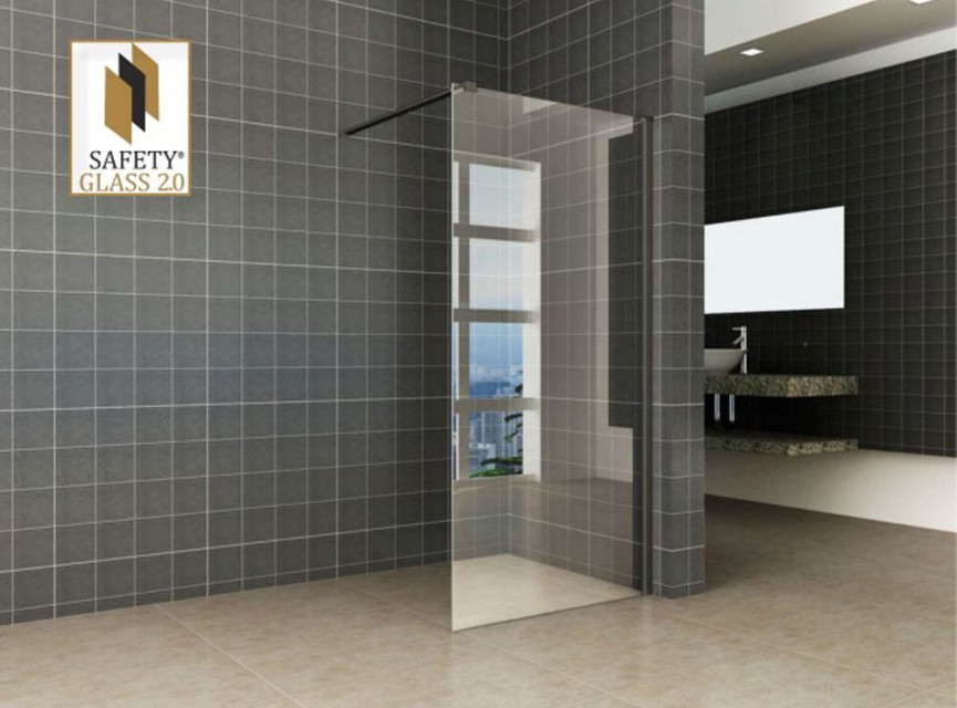 inloopdouche + Safety Glass + ZWART muurprofiel 900x2000 10mm NANO