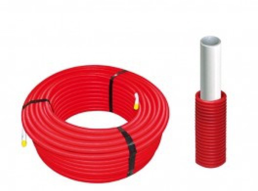 Meerlagenbuis 20x2 mm met rode pvc mantelbuis voor warm water en aanvoer c.v. rol 100 mtr